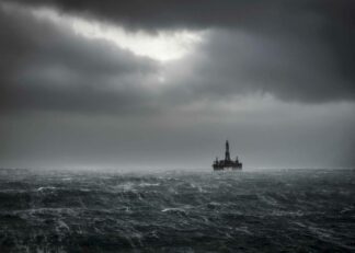 Oljeplattform på stormigt hav poster