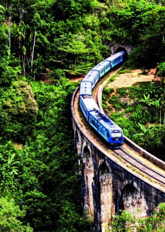 Tåg på bro i vackert landskap poster